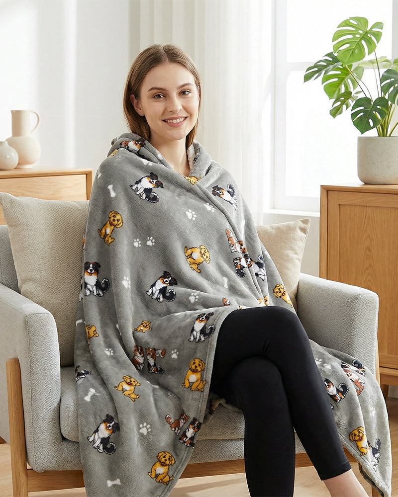 Bloozie Koc Sherpa z kapturem - Szare Pieski